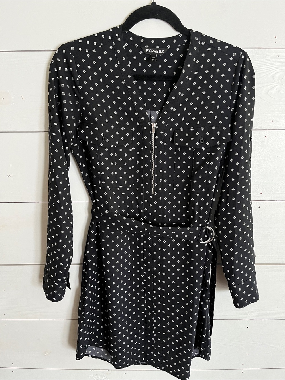 Express Black and White Long-Sleeve Zip Front Wrap Dress
